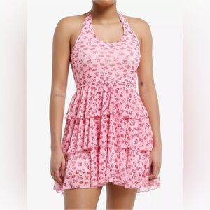 Sweet Society Pink Kisses & Hearts Halter Dress | New | Pink Red Tiered Ruffles